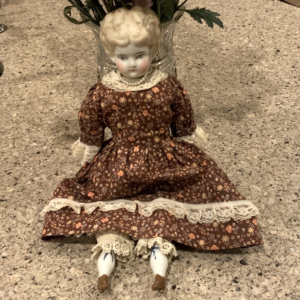 Antique German Porcelain Doll with Brown Floral Dress And Bloomers